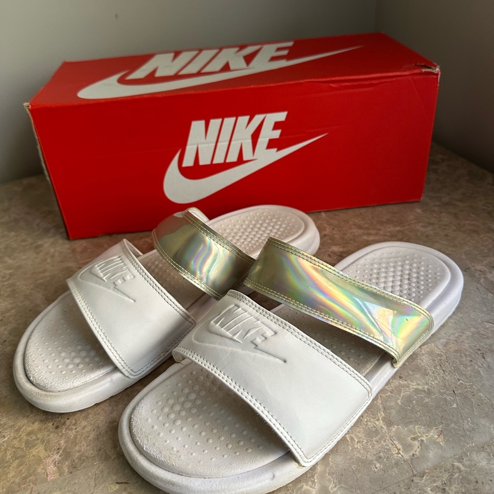 Nike White and Iridescent Sandals